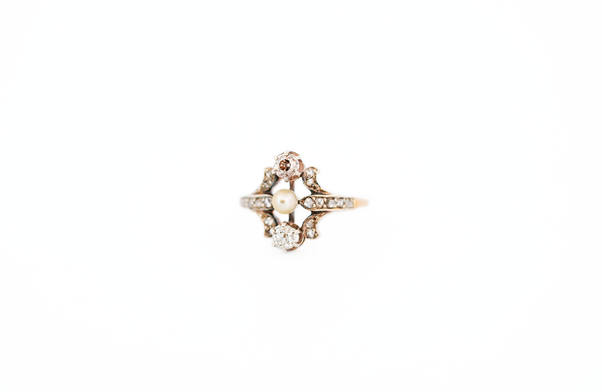 European Art Nouveau Pearl & Old Mine Cut Diamond Ring with Fleur De Lis Sides