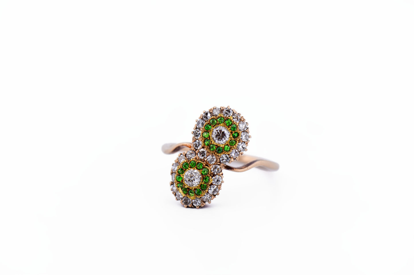 Exceptional Antique Demantoid Green Garnet & Diamond Toi et Moi Ring