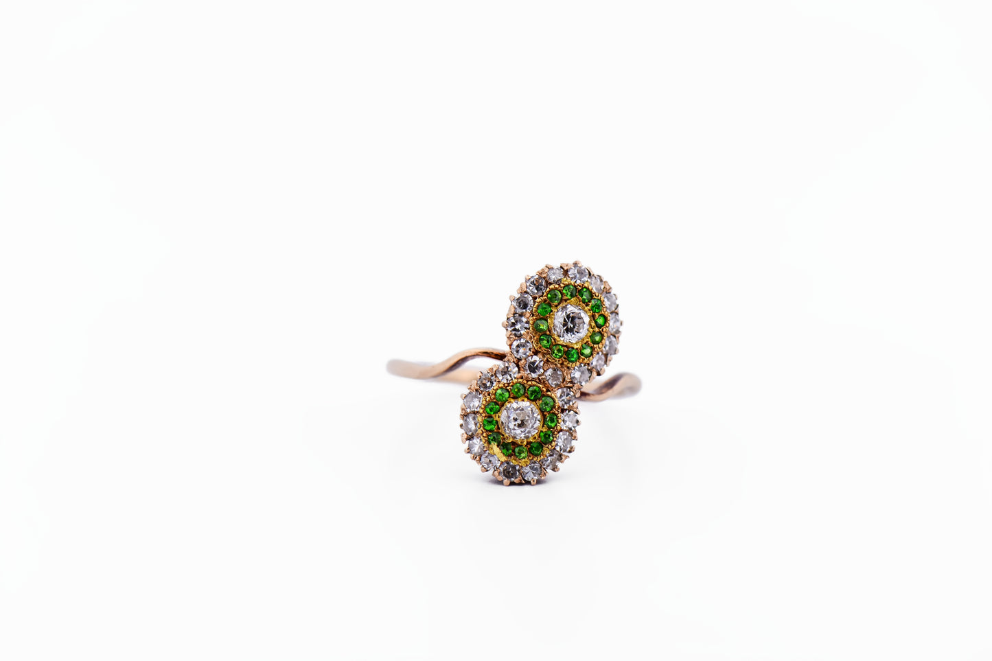Exceptional Antique Demantoid Green Garnet & Diamond Toi et Moi Ring