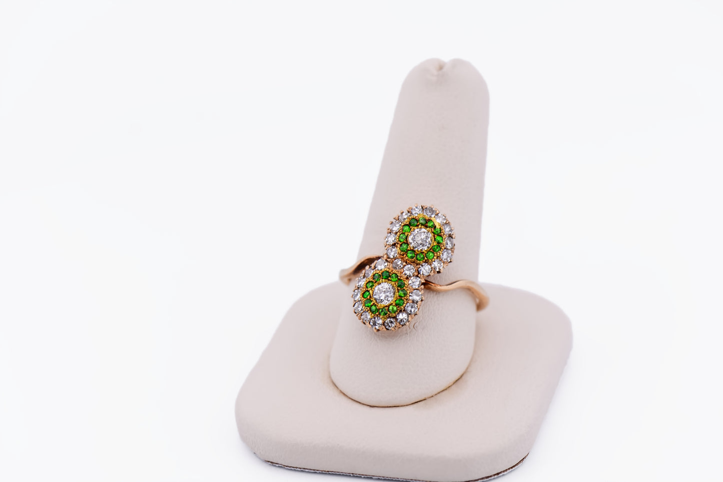 Exceptional Antique Demantoid Green Garnet & Diamond Toi et Moi Ring
