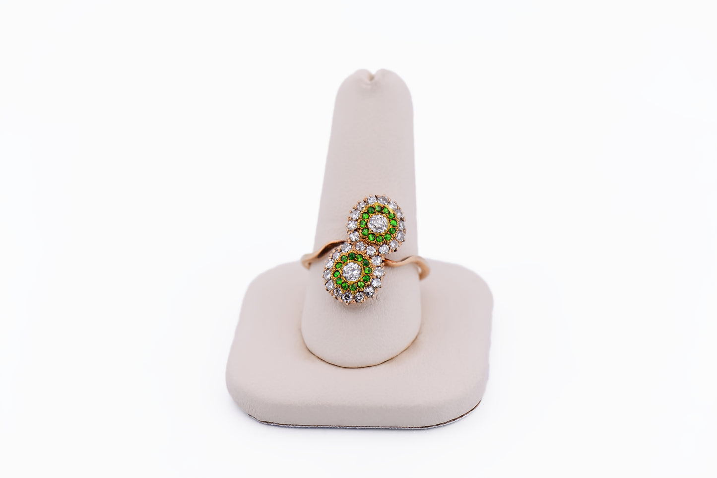Exceptional Antique Demantoid Green Garnet & Diamond Toi et Moi Ring