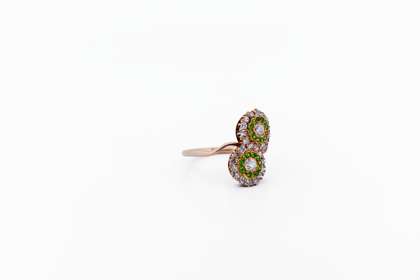Exceptional Antique Demantoid Green Garnet & Diamond Toi et Moi Ring