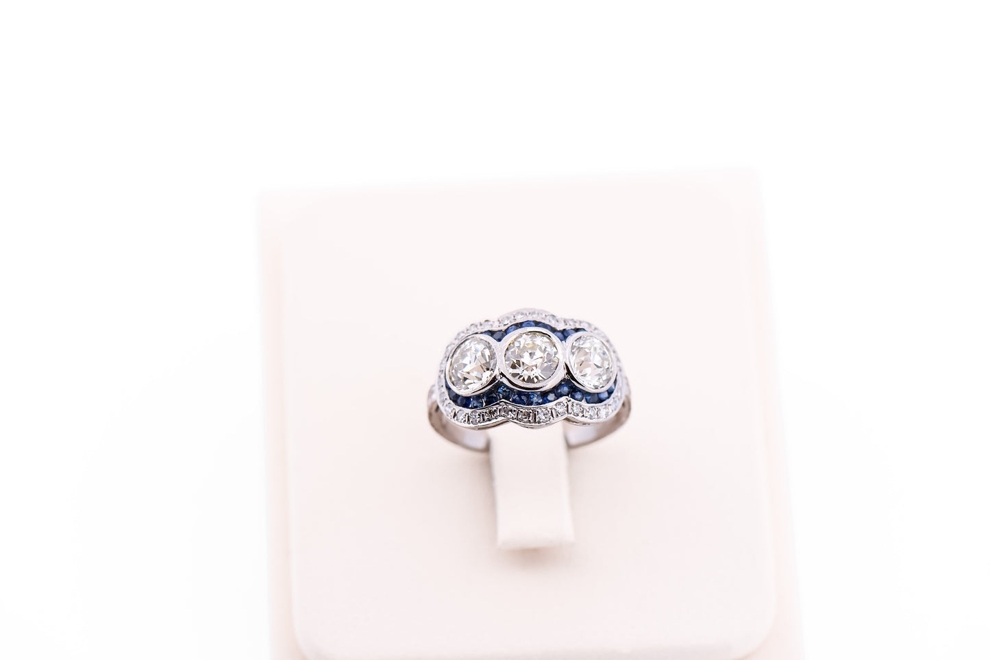Exceptional Art Deco Platinum Diamond 3-Stone Ring with Sapphire Accents
