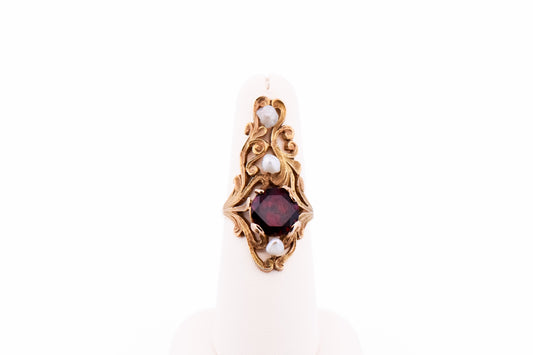 Exceptional Art Nouveau Dinner Ring with Garnet & Pearls in Acid Washed Gold - Crouch