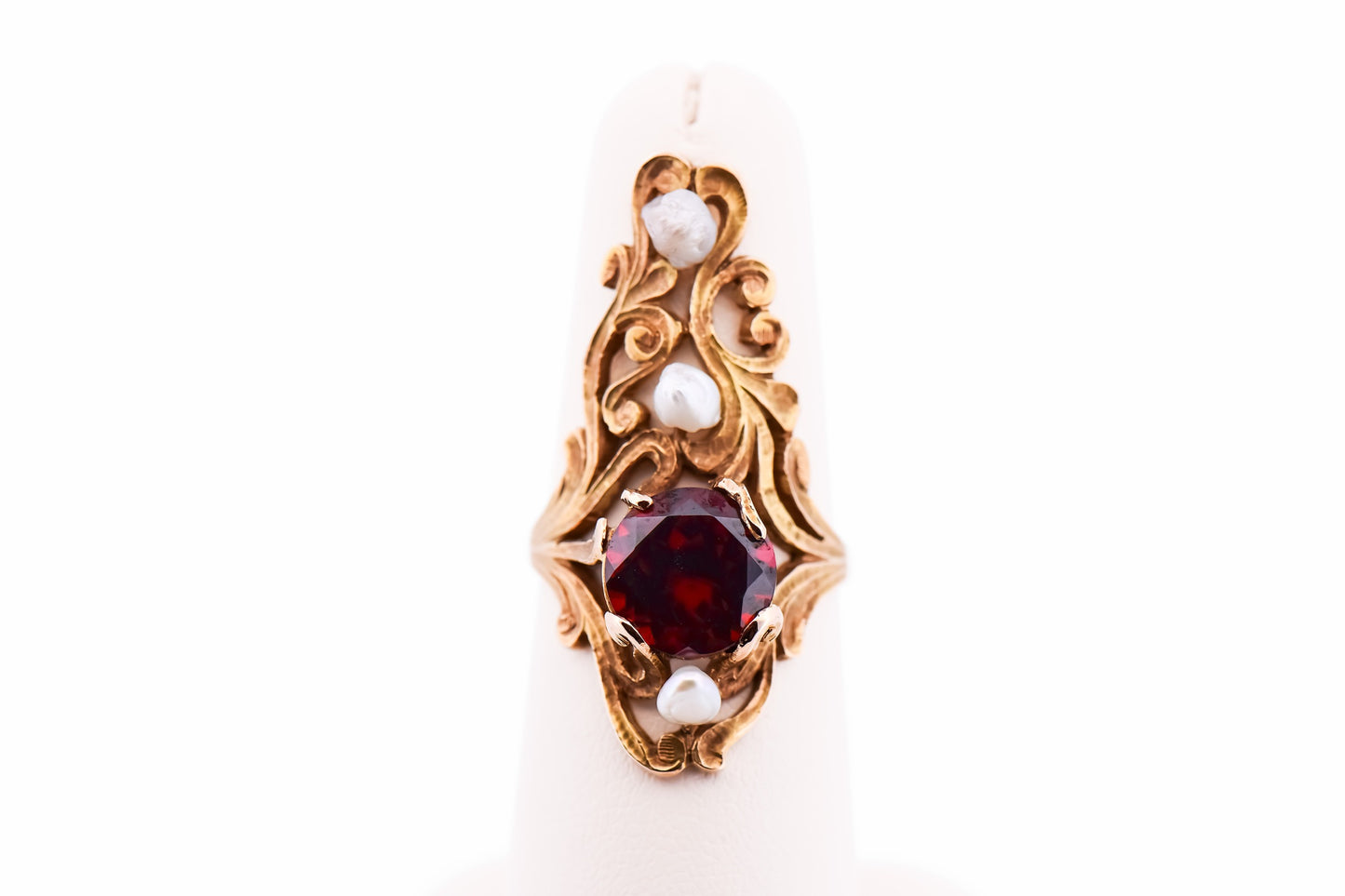 Exceptional Art Nouveau Dinner Ring with Garnet & Pearls in Acid Washed Gold - Crouch