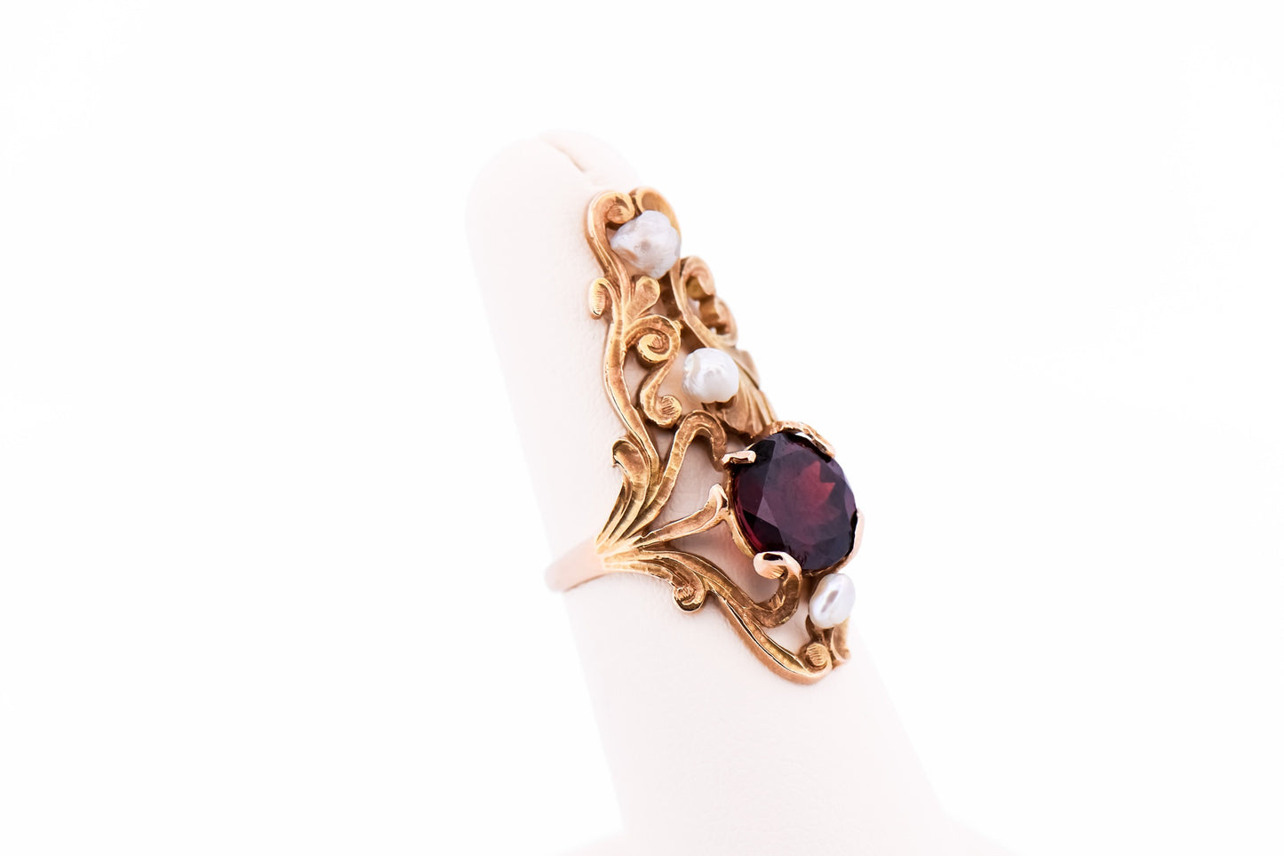 Exceptional Art Nouveau Dinner Ring with Garnet & Pearls in Acid Washed Gold - Crouch