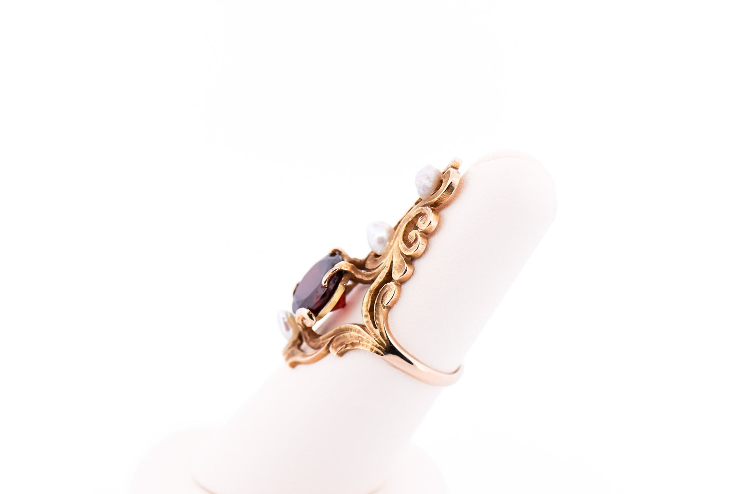 Exceptional Art Nouveau Dinner Ring with Garnet & Pearls in Acid Washed Gold - Crouch