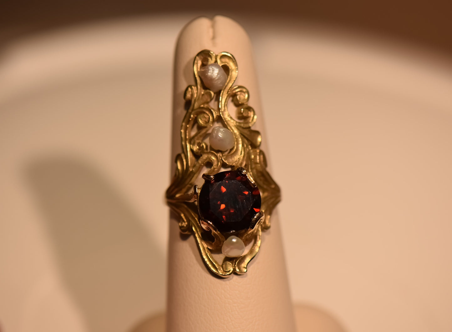 Exceptional Art Nouveau Dinner Ring with Garnet & Pearls in Acid Washed Gold - Crouch