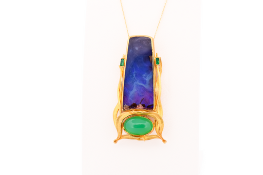 Exceptional Boulder Opal & Chrysoprase Brooch in High-Karat Gold by Tom Herman