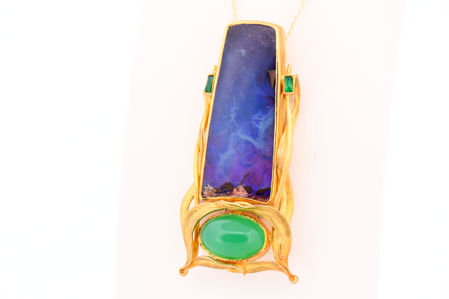 Exceptional Boulder Opal & Chrysoprase Brooch in High-Karat Gold by Tom Herman
