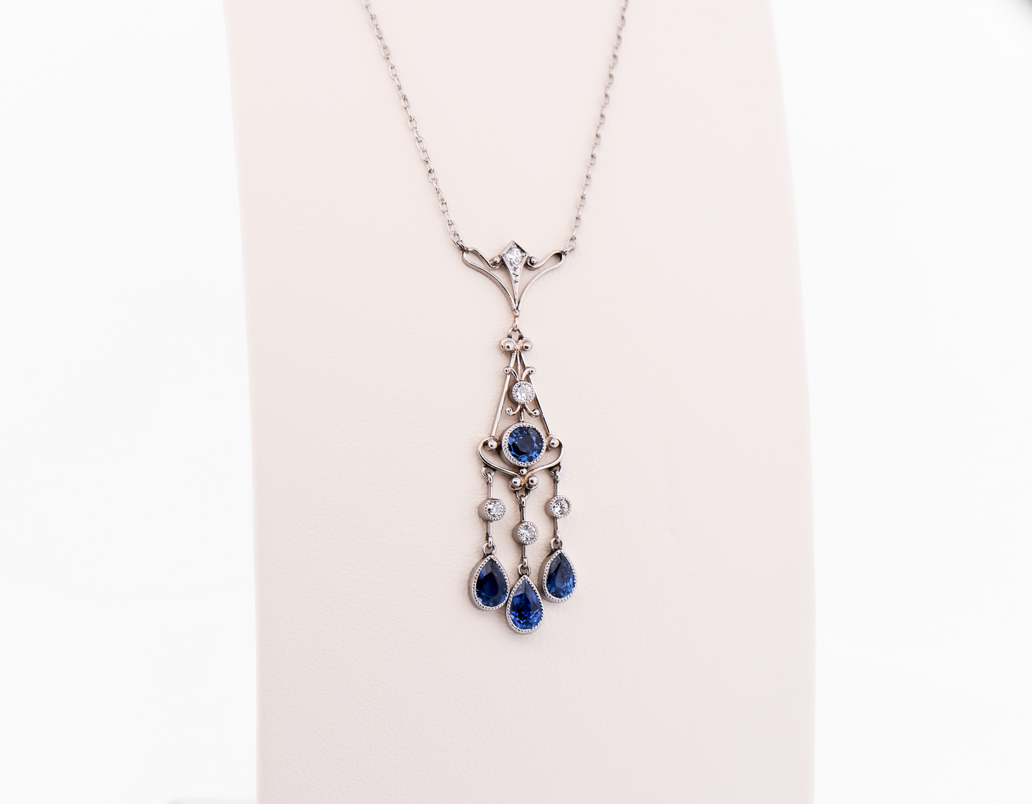 Exceptional Edwardian Platinum Lavalier Necklace with Yogo Sapphires & Diamonds