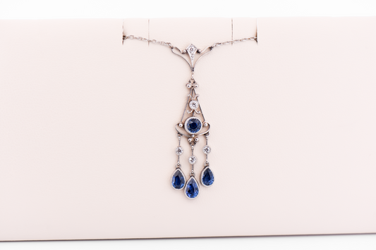 Exceptional Edwardian Platinum Lavalier Necklace with Yogo Sapphires & Diamonds