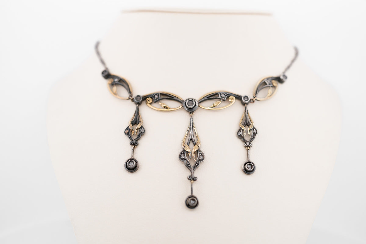 Exceptional Gothic Art Nouveau Necklace with Rose Cut Diamonds in Silver-Topped Gold