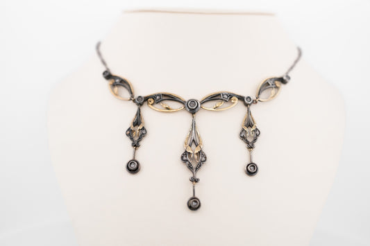Exceptional Gothic Art Nouveau Necklace with Rose Cut Diamonds in Silver-Topped Gold