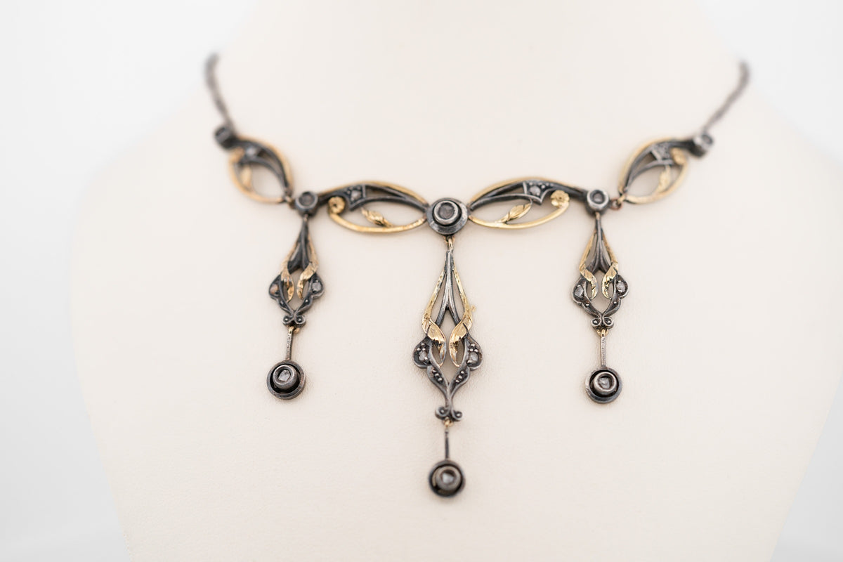 Exceptional Gothic Art Nouveau Necklace with Rose Cut Diamonds in Silver-Topped Gold