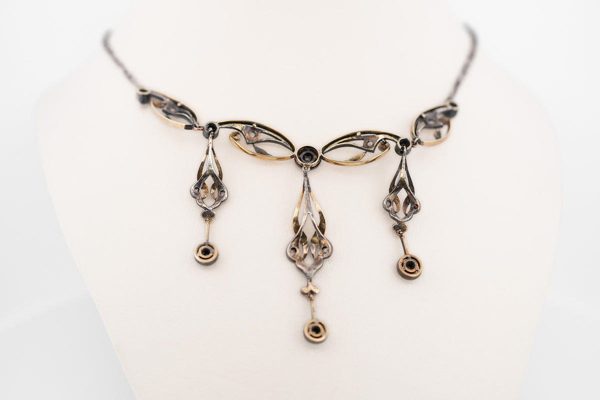 Exceptional Gothic Art Nouveau Necklace with Rose Cut Diamonds in Silver-Topped Gold