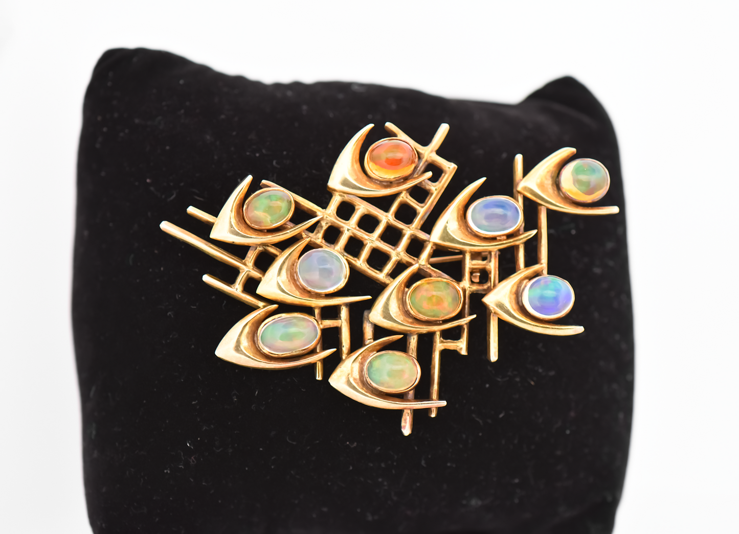 Exceptional Mid-Century Modern "School of Fish" Gold Brooch with Mexican Fire Opals