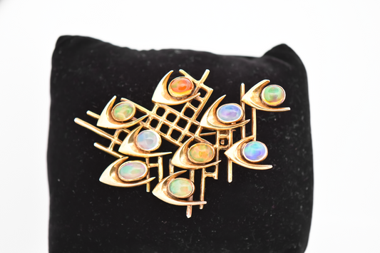 Exceptional Mid-Century Modern "School of Fish" Gold Brooch with Mexican Fire Opals