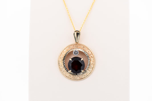 Exceptionally Rare Red Rubellite Tourmaline & Diamond Pendant in Carved Gold