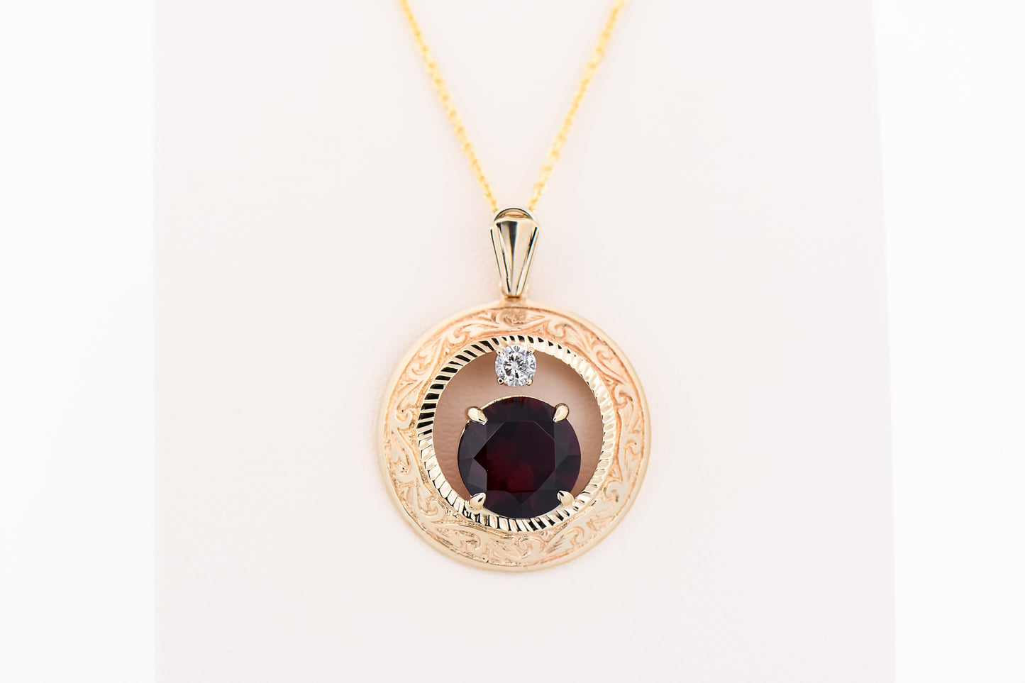 Exceptionally Rare Red Rubellite Tourmaline & Diamond Pendant in Carved Gold