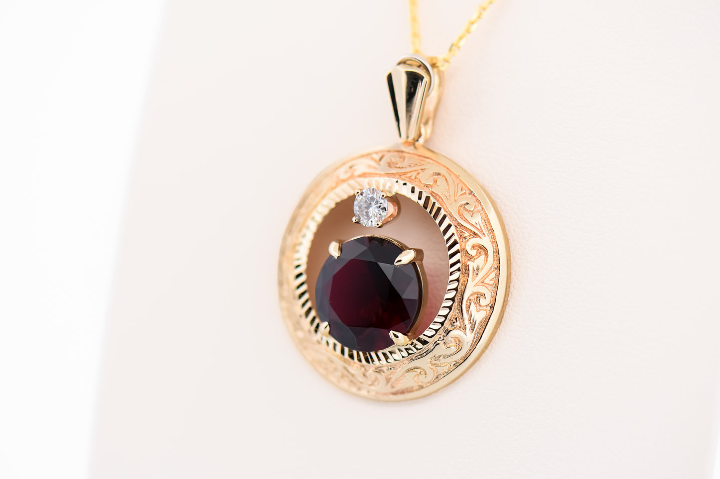 Exceptionally Rare Red Rubellite Tourmaline & Diamond Pendant in Carved Gold