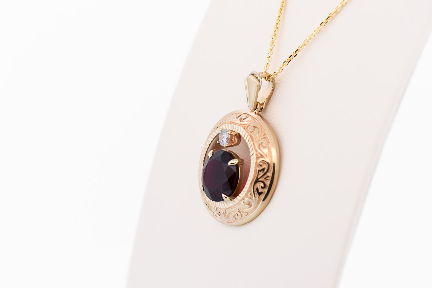 Exceptionally Rare Red Rubellite Tourmaline & Diamond Pendant in Carved Gold
