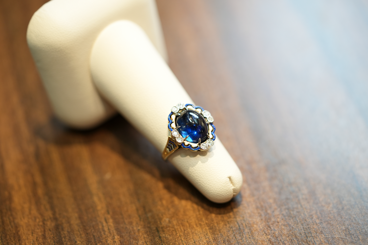 Fabulous Antique Cabochon Blue Sapphire, Diamond & Enamel Ring in Yellow Gold