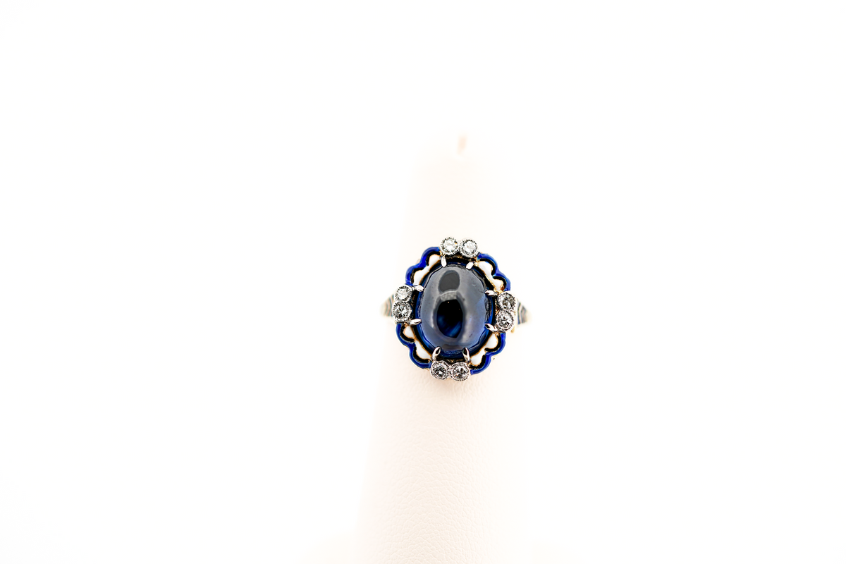 Fabulous Antique Cabochon Blue Sapphire, Diamond & Enamel Ring in Yellow Gold