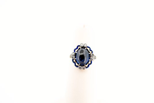 Fabulous Antique Cabochon Blue Sapphire, Diamond & Enamel Ring in Yellow Gold