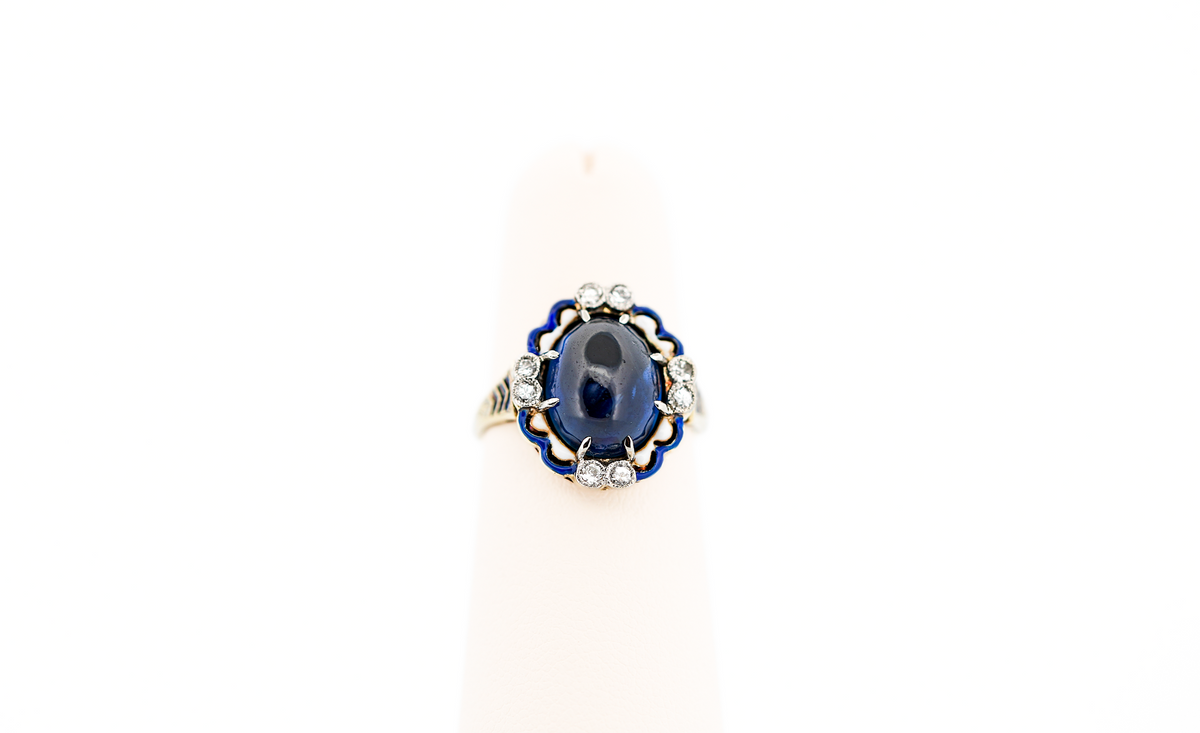 Fabulous Antique Cabochon Blue Sapphire, Diamond & Enamel Ring in Yellow Gold