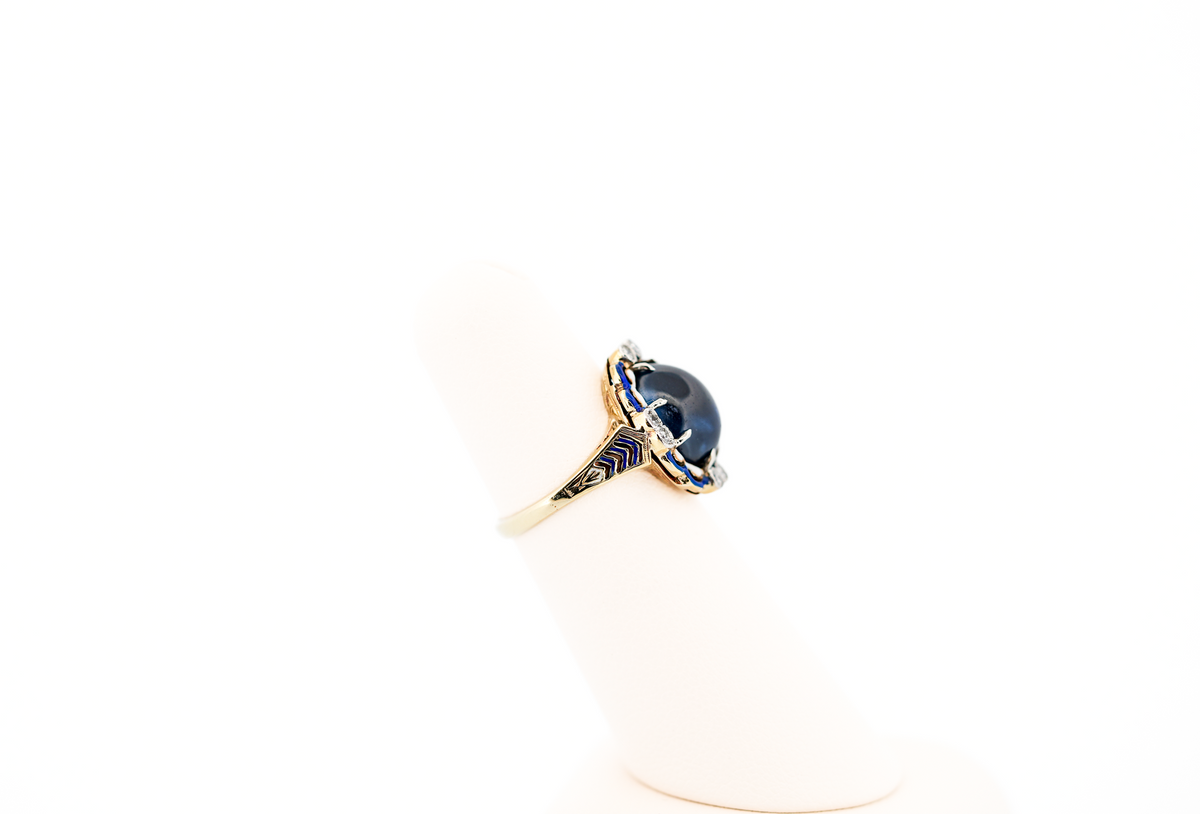 Fabulous Antique Cabochon Blue Sapphire, Diamond & Enamel Ring in Yellow Gold