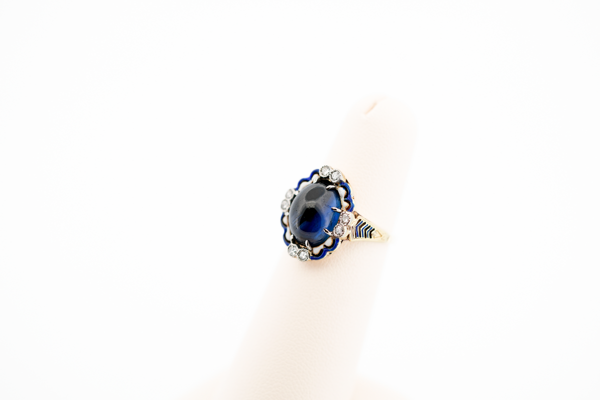 Fabulous Antique Cabochon Blue Sapphire, Diamond & Enamel Ring in Yellow Gold