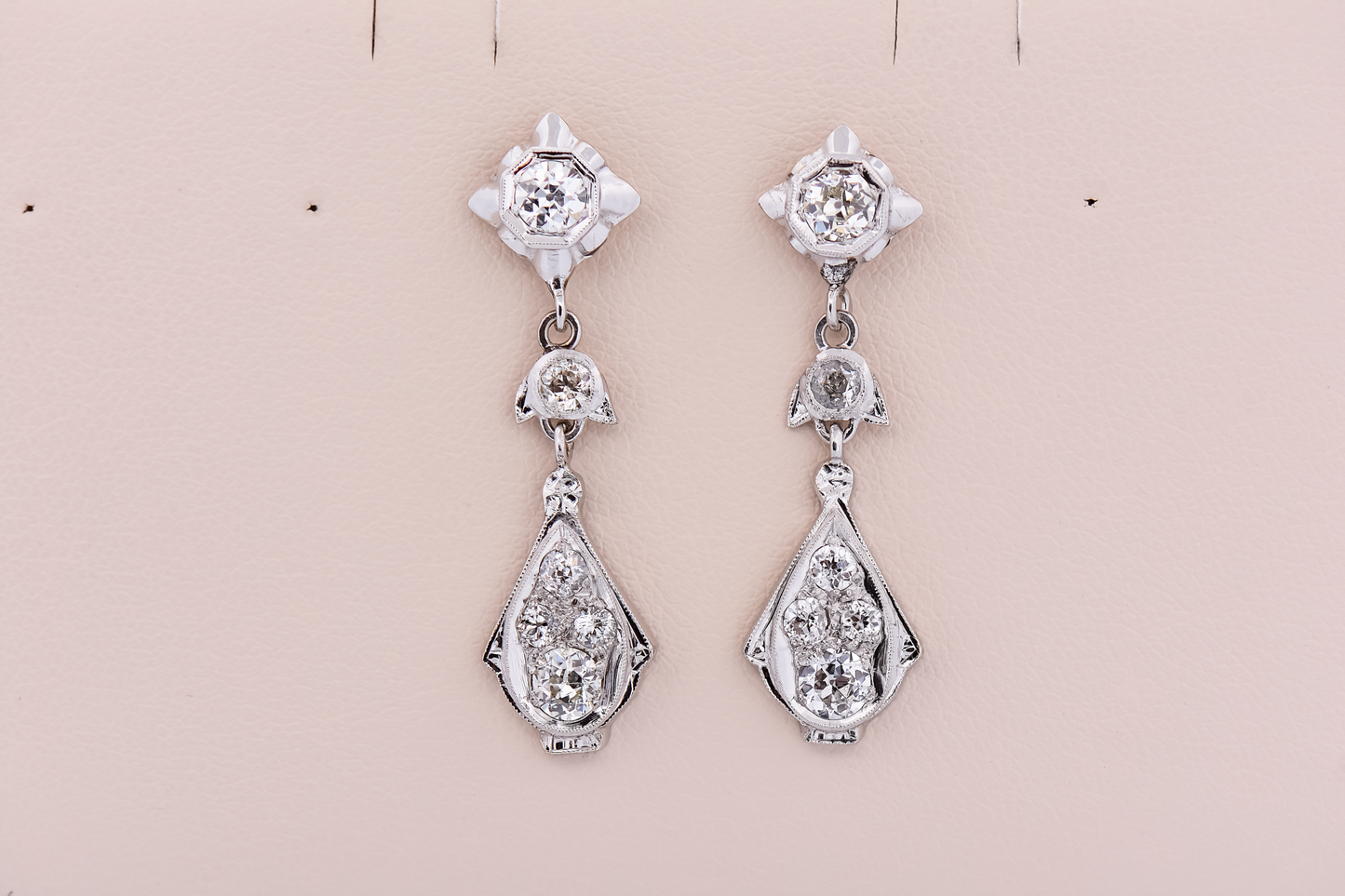 Fabulous Art Deco Flapper Earrings - Dangly White Gold with Old European Cut Diamonds