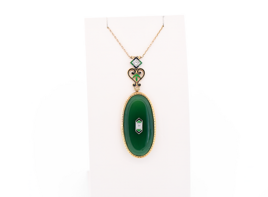 Fabulous Art Deco Yellow Gold Necklace with Green Onyx, Enamel & Diamonds