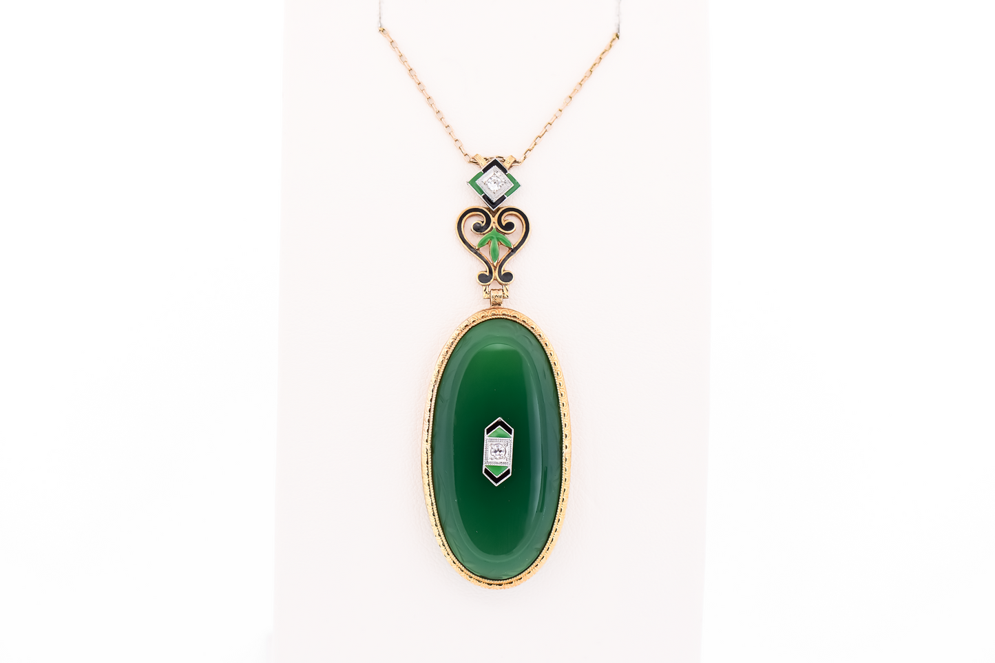 Fabulous Art Deco Yellow Gold Necklace with Green Onyx, Enamel & Diamonds