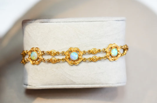 Fabulous Art Nouveau Crystal Opal Bracelet in Textured Yellow Gold