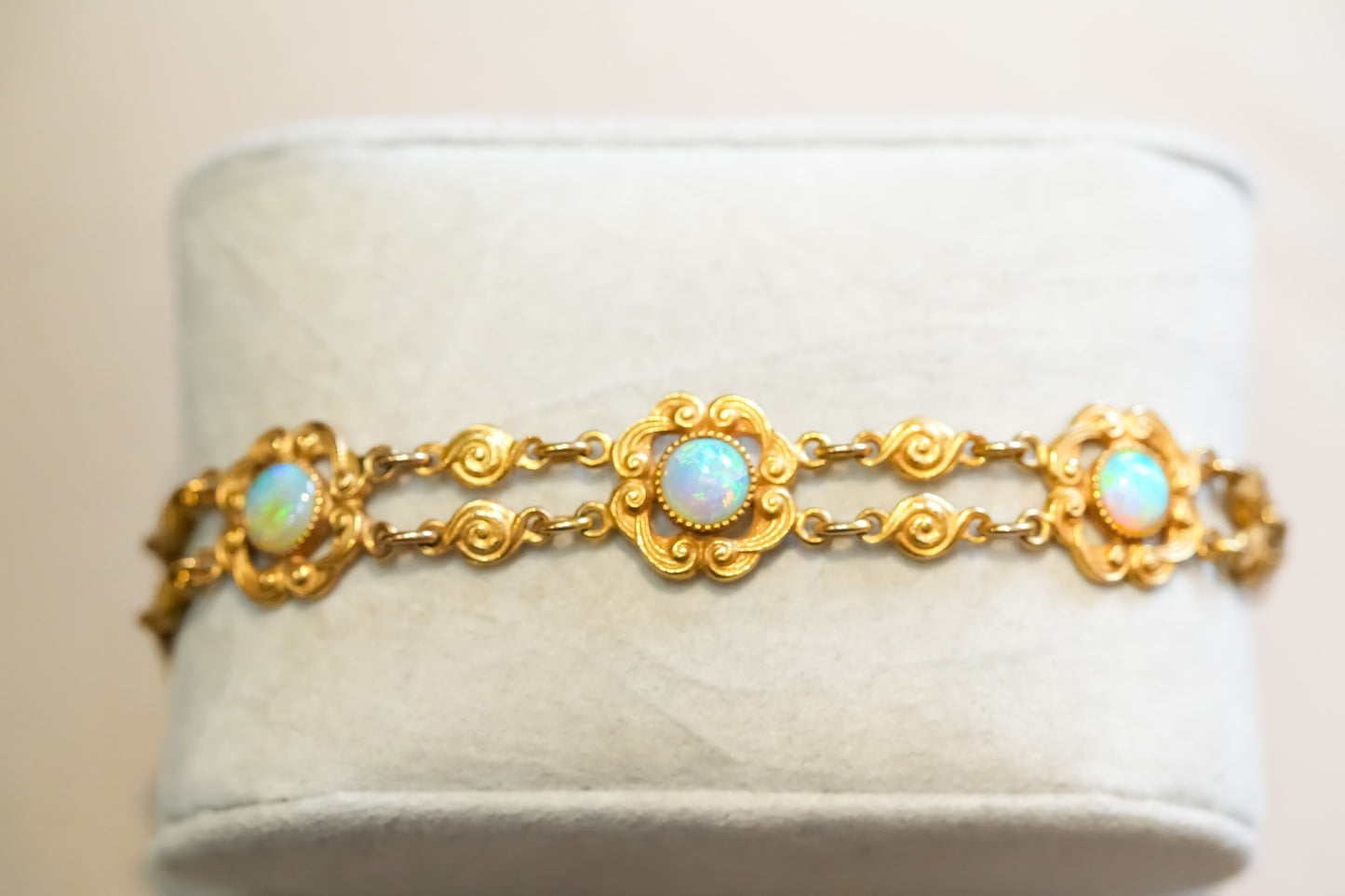 Fabulous Art Nouveau Crystal Opal Bracelet in Textured Yellow Gold