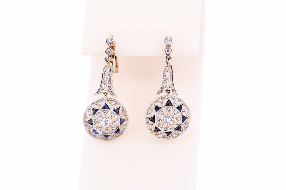 Fabulous Edwardian Diamond & Synthetic Sapphire Drop Earrings