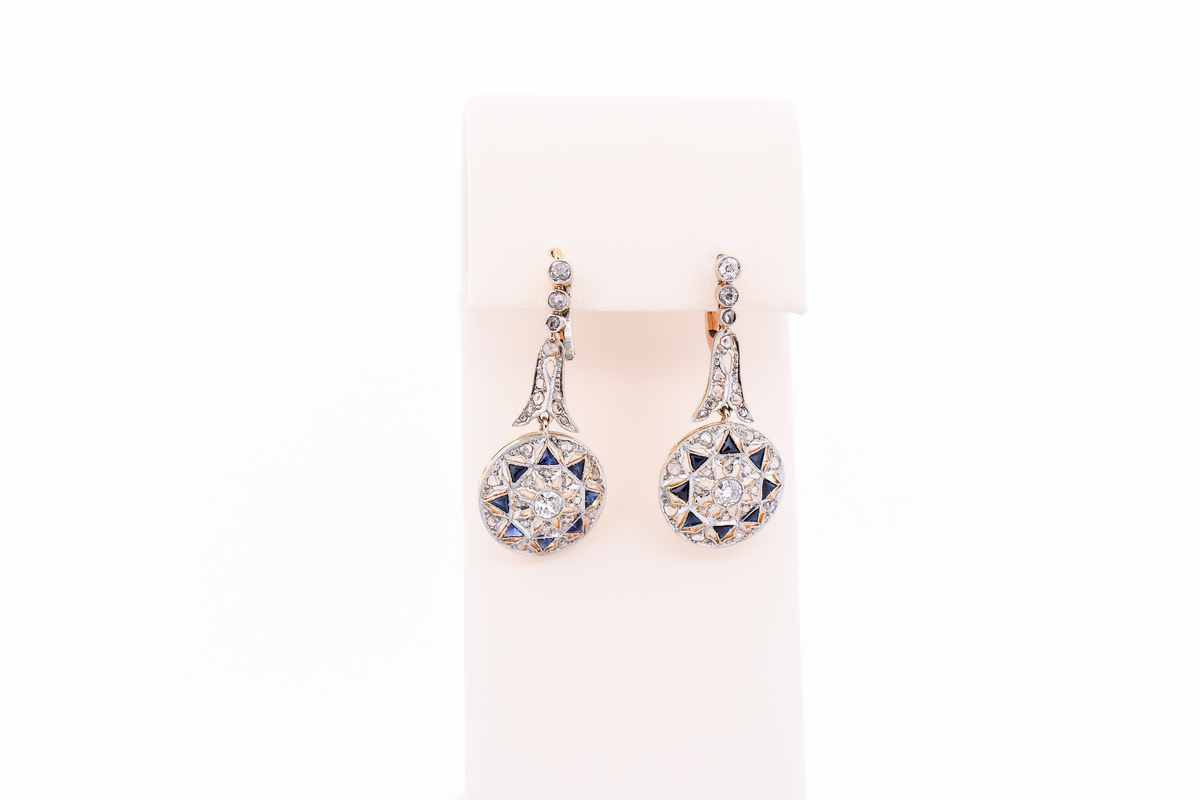 Fabulous Edwardian Diamond & Synthetic Sapphire Drop Earrings