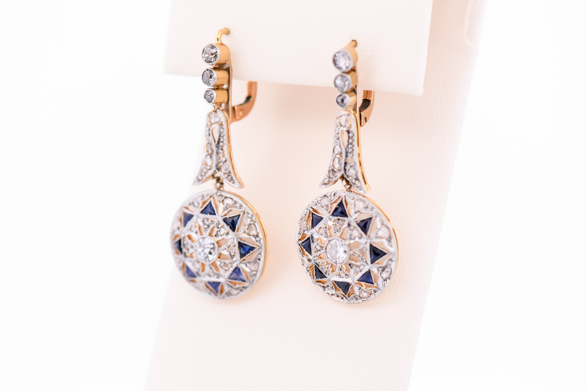 Fabulous Edwardian Diamond & Synthetic Sapphire Drop Earrings