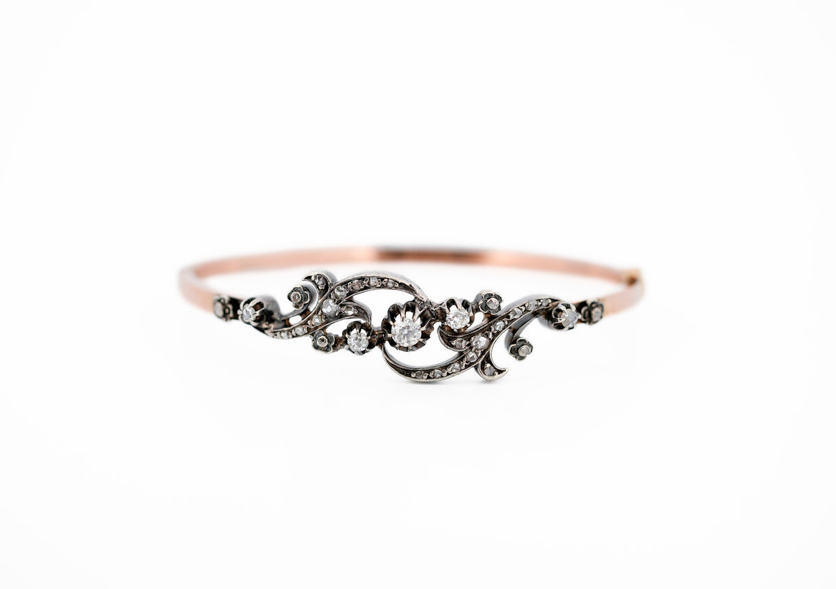 Fabulous French Antique Diamond Bangle Bracelet in 18k Rose Gold & Sterling