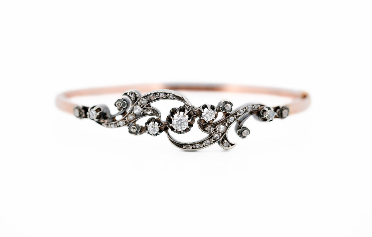 Fabulous French Antique Diamond Bangle Bracelet in 18k Rose Gold & Sterling