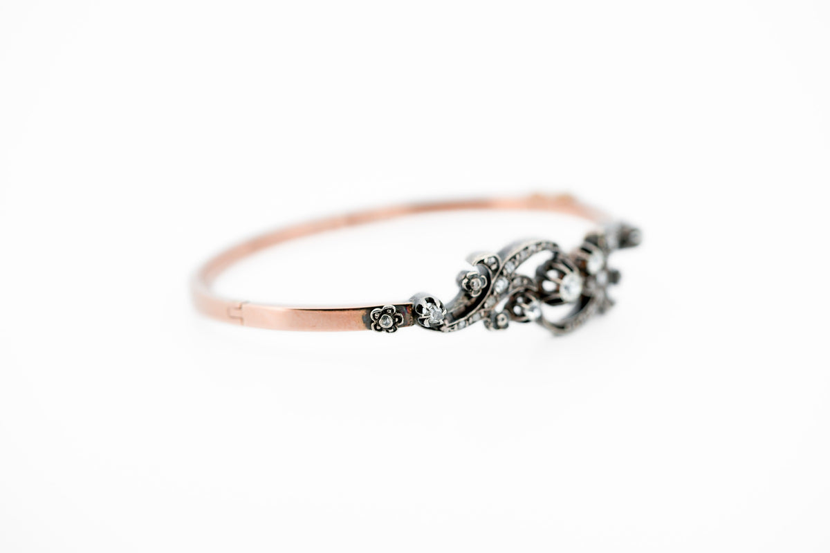 Fabulous French Antique Diamond Bangle Bracelet in 18k Rose Gold & Sterling