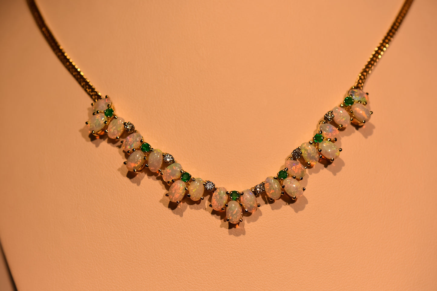 Fabulous Opal, Emerald & Diamond Necklace in Heavy 14k Gold