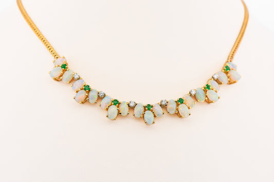 Fabulous Opal, Emerald & Diamond Necklace in Heavy 14k Gold