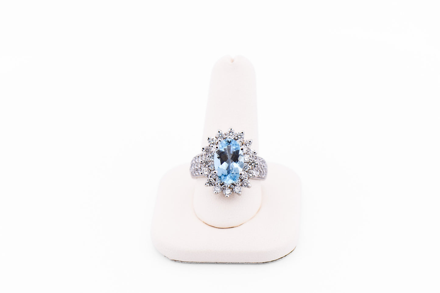Fabulous Oval Aquamarine Ring with Double Halo of Diamonds in White Gold