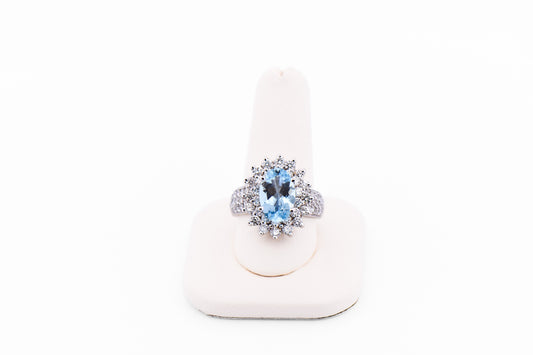 Fabulous Oval Aquamarine Ring with Double Halo of Diamonds in White Gold