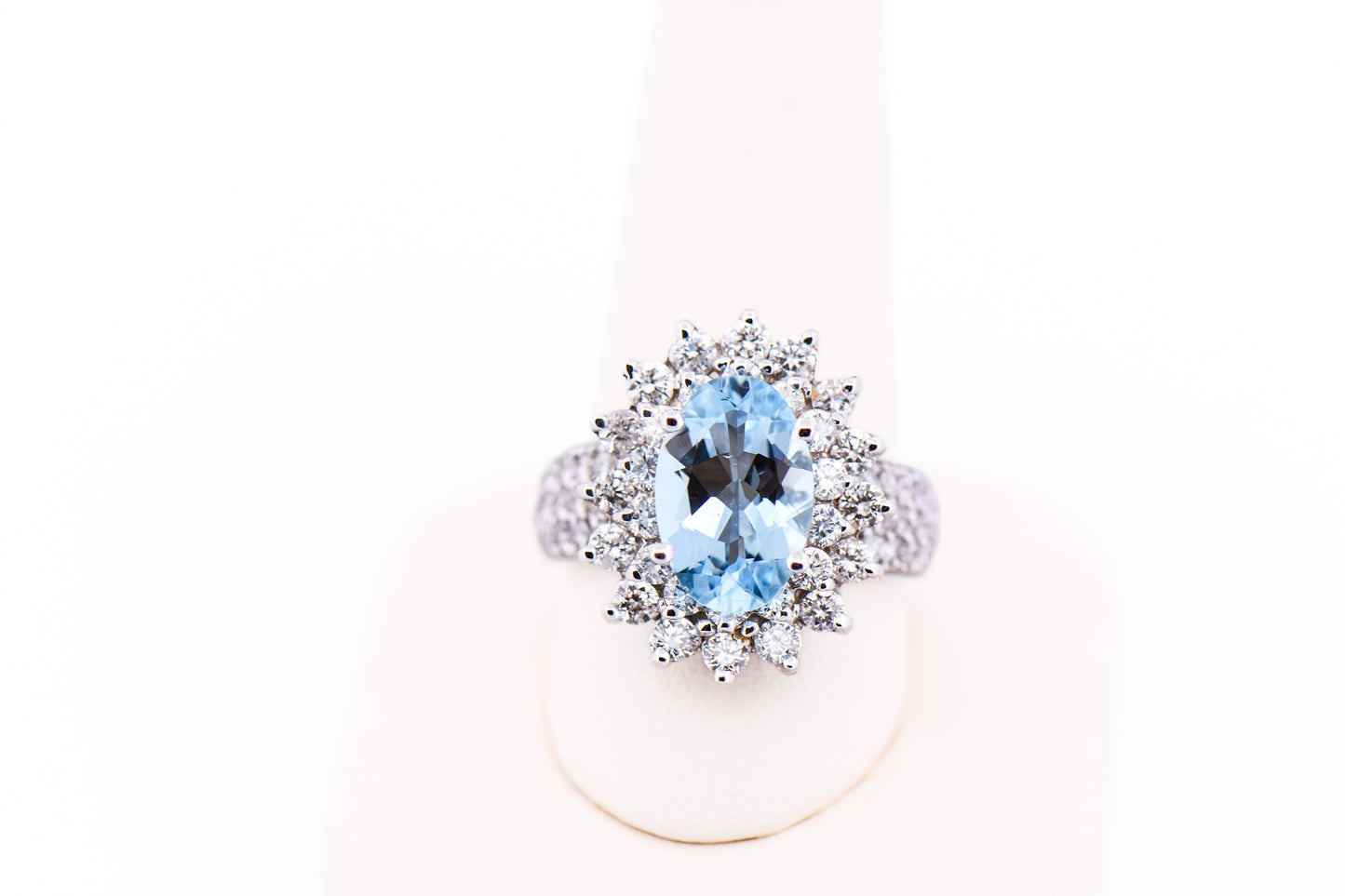 Fabulous Oval Aquamarine Ring with Double Halo of Diamonds in White Gold