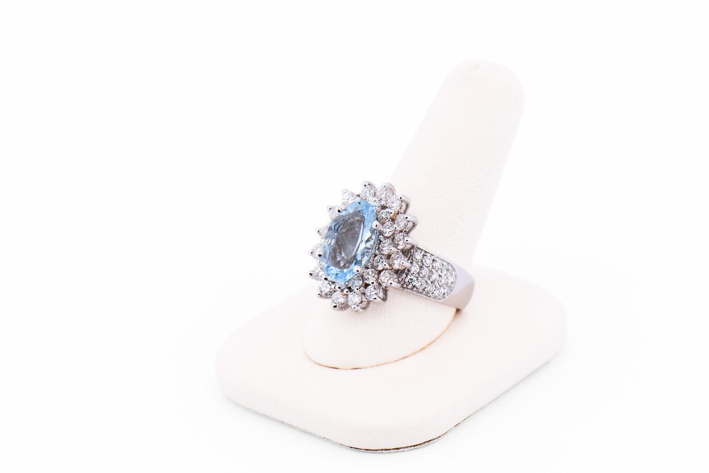 Fabulous Oval Aquamarine Ring with Double Halo of Diamonds in White Gold