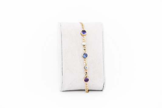 Fabulous Pink & Purple Sapphire Bracelet with Diamond Accents- Bezel Set in Yellow Gold